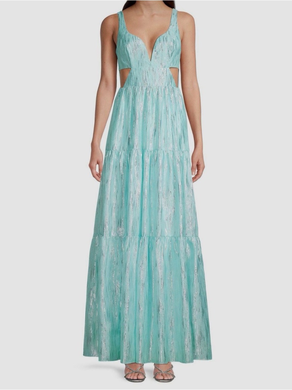 Aidan Mattox Aqua Metallic Cutout Tiered Organza Maxi Dress